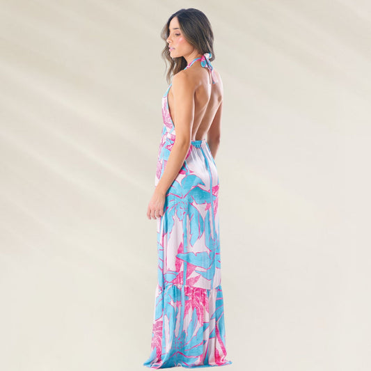 Vestido Halter Maxi Tropical da Phax com estampa vibrante e costas abertas, perfeito para o verão