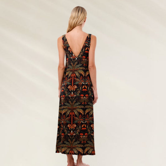 Vestido Largo Jade Oasis Ring com estampa tropical e decote em V nas costas para um visual elegante