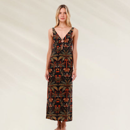 Vestido Largo Jade Oasis Ring com estampa vibrante de palmeiras e decote em V para o verão
