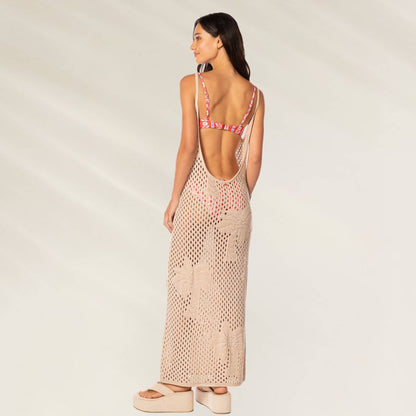 Vestido Longo Encore Bege da Maaji com detalhes de crochê e costas abertas