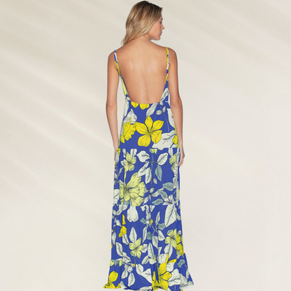Vestido Longo Floral Azul Maaji com estampa vibrante e costas decotadas para um visual elegante