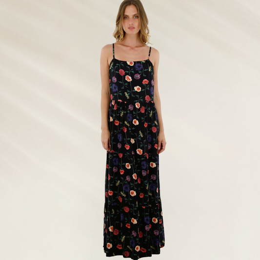 Vestido Longo Floral Malai preto com estampa de flores coloridas e alças finas
