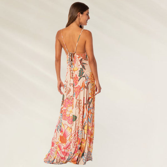 Vestido Longo Japanese Lily da Maaji com estampa floral vibrante e costas abertas