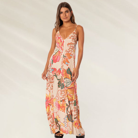 Vestido Longo Japanese Lily da Maaji em estampa floral vibrante com alças finas