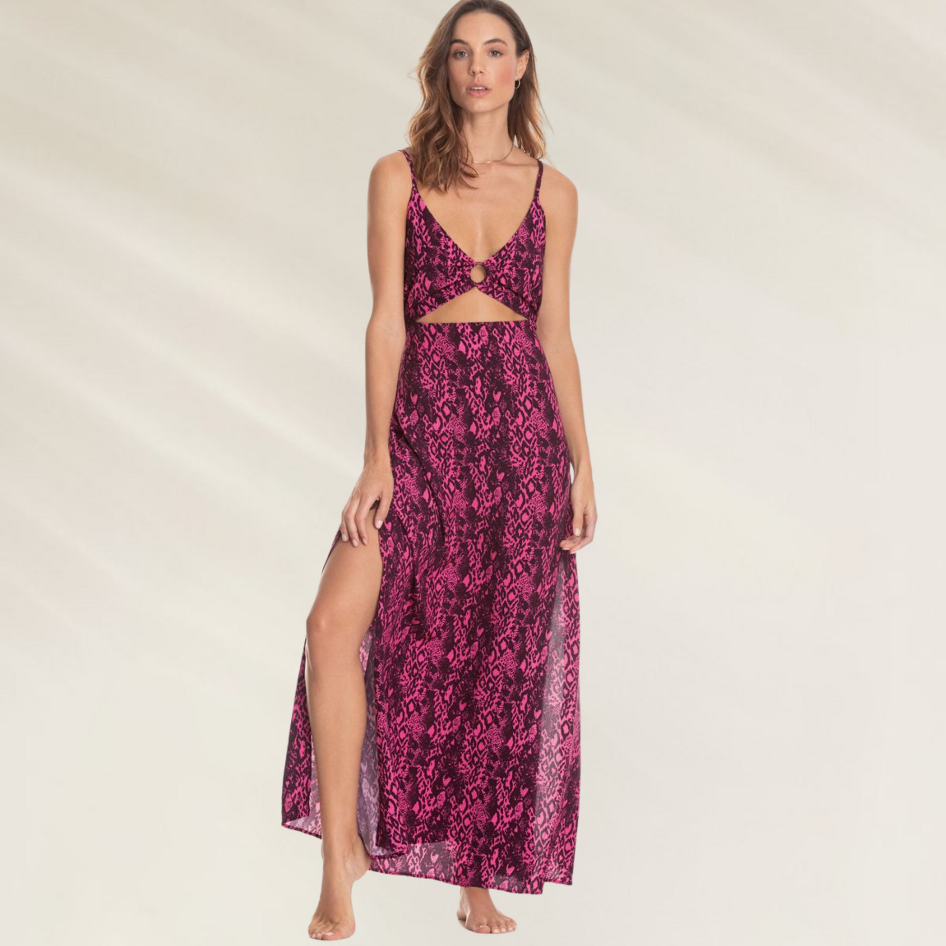 Vestido Longo Maaji Animal Print rosa com decote em V e fenda lateral elegante para mulheres