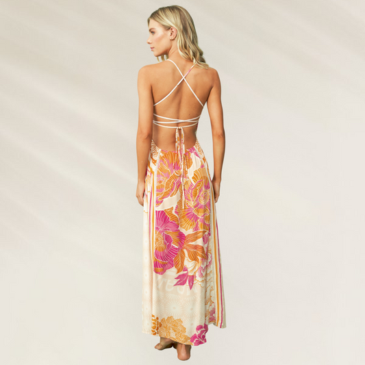 Vestido Longo Maaji – Edição Limitada com Estampa Floral Mexicana mostrando o detalhe das costas e do design vibrante