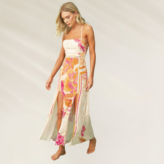 Vestido Longo Maaji – Edição Limitada com Estampa Floral Mexicana, com fendas laterais e alças finas