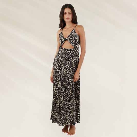Vestido longo Malai com detalhe torcido e costas abertas em estampa elegante, ideal para ocasiões especiais