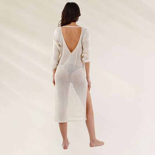 Vestido Longo Malai em Malha de Algodão branco com decote nas costas e fenda lateral