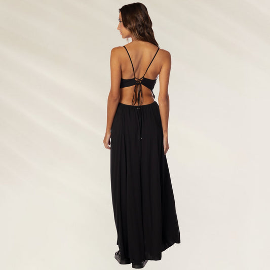 Vestido Longo Palm Grove Owen preto com costas descobertas e detalhe de cordão para um ajuste perfeito