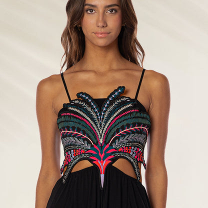 Vestido Longo Palm Grove Owen da Maaji com detalhe bordado colorido na parte superior