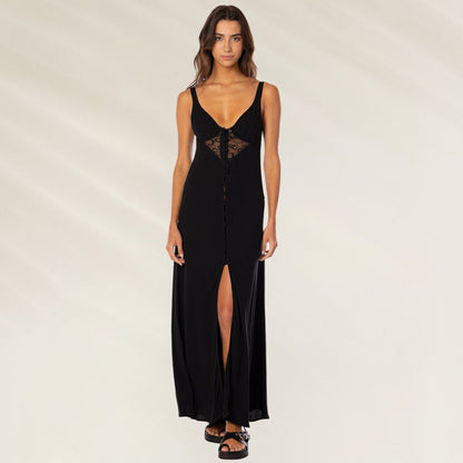 Vestido Longo Preto Midnight da Maaji com decote em V e fenda frontal elegante
