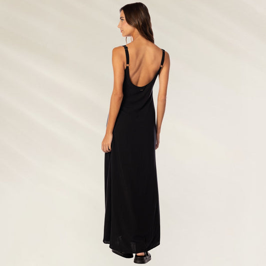 Vestido Longo Preto Midnight com decote nas costas, ideal para ocasiões casuais ou elegantes
