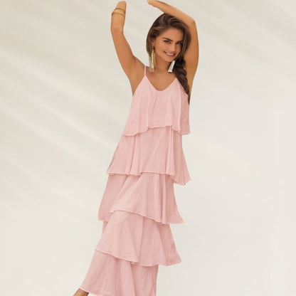 Vestido Longo Rosa Pálido da Phax com camadas e alças finas, ideal para dias quentes
