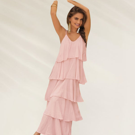 Vestido Longo Rosa Pálido da Phax com camadas e alças finas, ideal para dias quentes