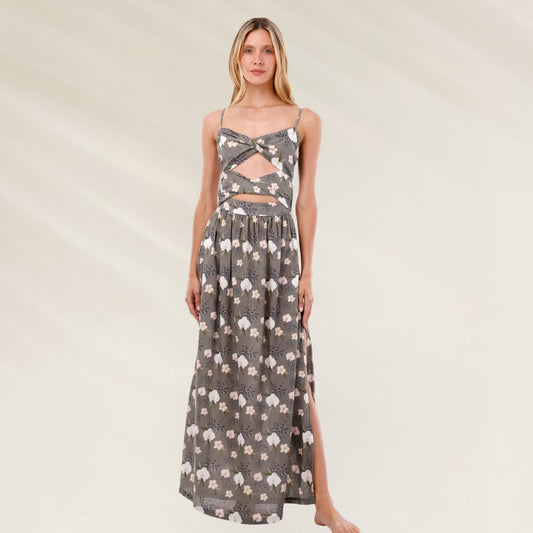 Vestido Maxi Floral Cut-Out da Malai em estampa com recortes para um look moderno e elegante
