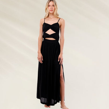 Vestido Maxi Preto Cut-Out com decote em cruz e fenda lateral elegante para ocasiões especiais