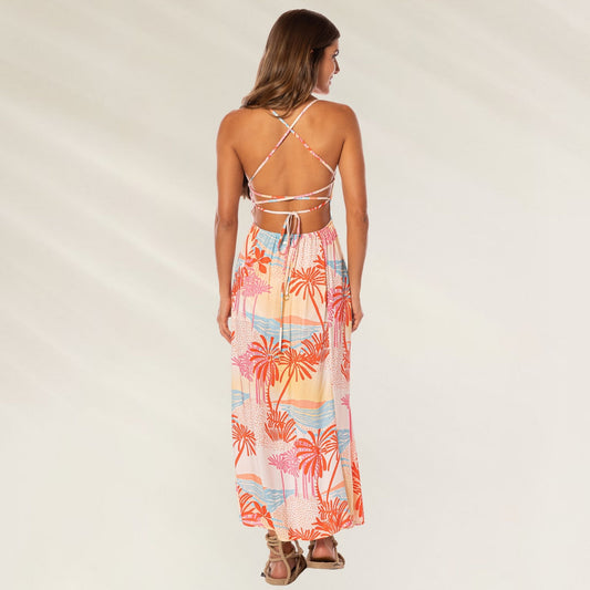Vestido Midi Cali Sea Remi da Maaji com estampas de palmeiras e costas nuas para um visual veranil