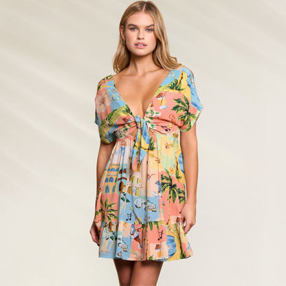 Vestido curto Maaji com estampa tropical colorida e detalhe em amarração no decote