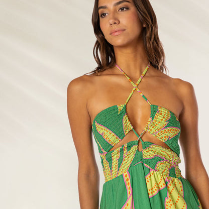Vestido Palm Rush Karhi Midi da Maaji em verde com estampas vibrantes e decote moderno