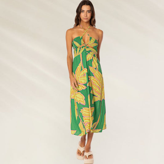 Vestido Palm Rush Karhi Midi da Maaji em verde com estampa vibrante de folhas amarelas
