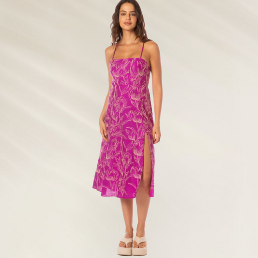 Vestido Remi Violet Foliage Maaji longo e vibrante com estampa floral e fenda lateral