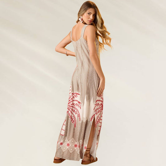 Vestido Sonhos de Verão da Debrisa com estampa tropical e fenda elegante nas costas